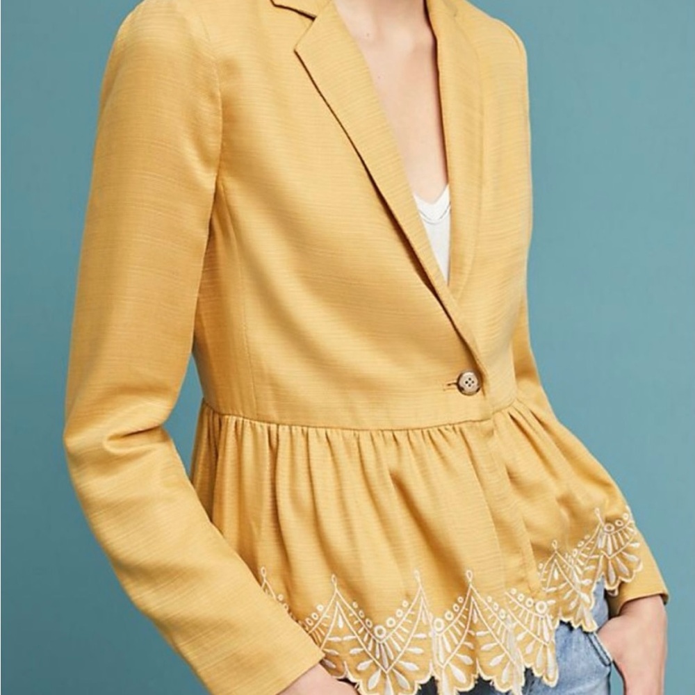 Anthropologie Cartonnier Jolie Embroidered Gold Peplum Blazer Women’s 0 Feminine